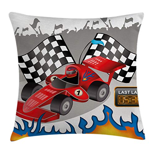 Lunarable Cars Throw Pillow Cushion Cover, Race Car Finish Line Flags Pilot Abstract Plain Background Print, Decorative Square Accent Pillow Case, 36