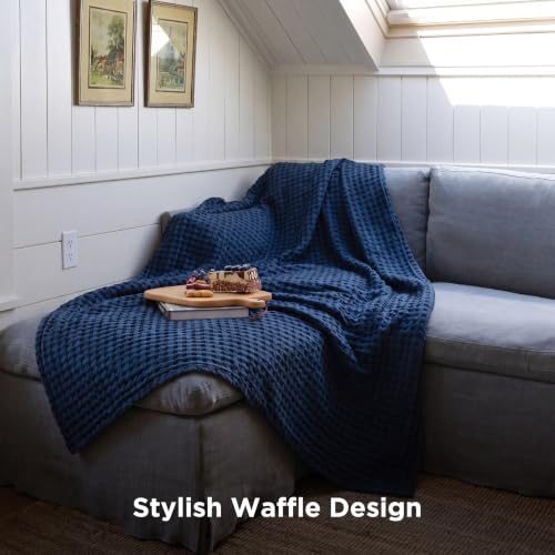 Image of Bedsure Cooling Cotton Waffle Weave Blanket - Lightweight Breathable Blanket of Rayon Derived from Bamboo for Hot Sleepers, Luxury Throws for Bed, Couch and Sofa, Navy, 50x70 Inches