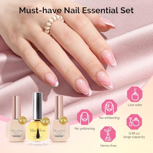 Image of MelodySusie Hema Free Top Coat Base Coat Cuticle Oil Set Long Lasting Shine Finish Soak Off UV LED Nail Lamp Nail Art Design Manicure Kit Perfect Gifts for Women Girls 3 Pcs 15ml