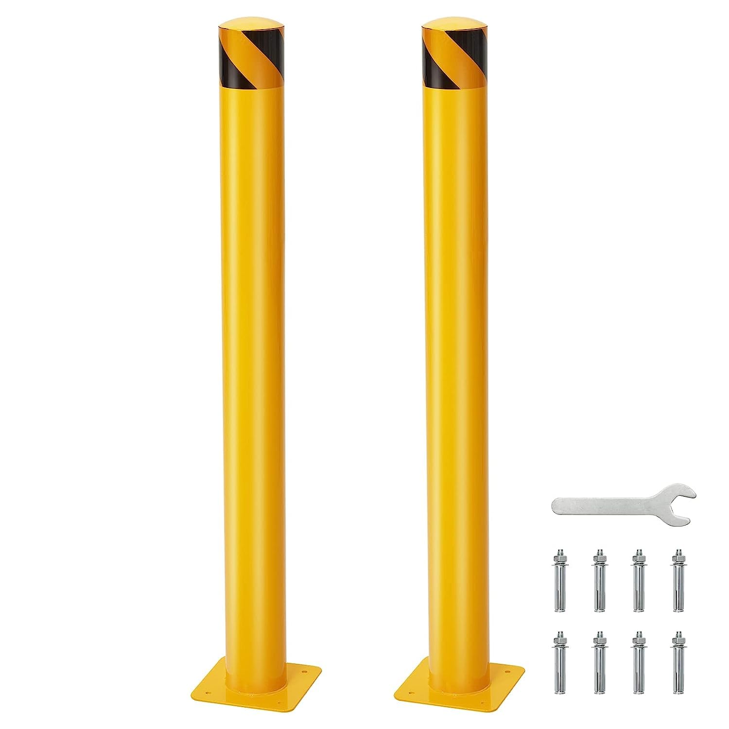 Safety Bollard, 2 Packs 42 Inch Height Bollard Post, 4.5 Inch Diameter, Yellow Safety Steel Bollard Post with 8 Anchor Bolts, for Traffic Control, Driveway Barrier, Parking Pole