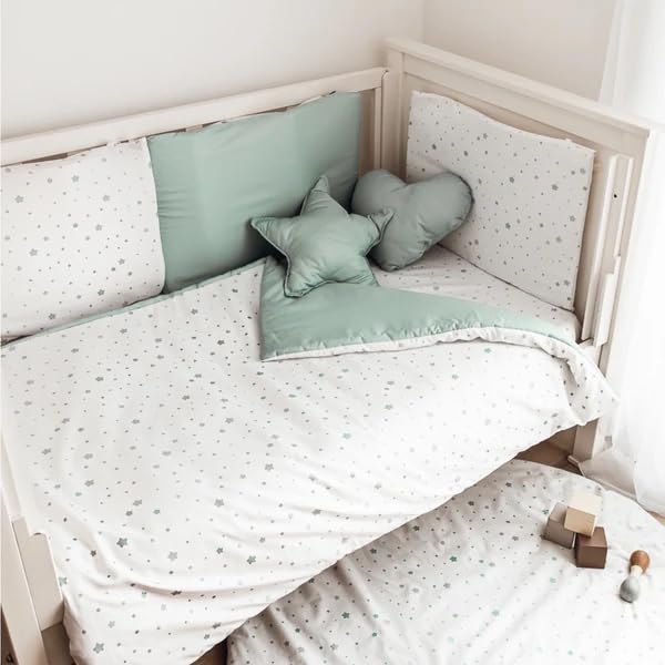 Pirinins Chichonera Protectora Arcoíris para Maxicuna de 140 x 70 cm, Reversible con relleno, 100% Algodon Organico,Hipoalergenica, Suave,Sueño seguro para bebé y niños (Estrella Verde Menta)