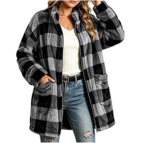 fartey Womens Plaid Jacket Fleece Lined Coat Zip Up Sherpa Tops with Pocket - image 5