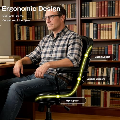 Image of Home Office Chair, Ergonomic Desk Chair with Lumbar Support, Adjustable Height Rolling Swivel Task Chair with Armrests, PU Leather, for Meeting Study Black