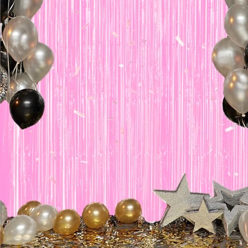Image of DECOCKRAT 2 Pack Foil Fringe Backdrop - Pastel Pink Shiny Tinsel Curtains for Party Decoration /Photo Booth Props - 3.3x6.6 FT Metallic Foil Backdrop for Birthday, Wedding, Graduation, Christmas.
