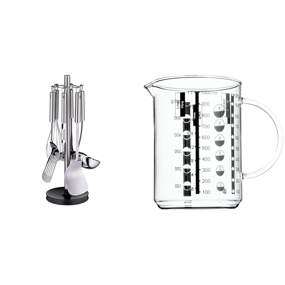 WMF Profi Plus Küchenhelfer Set 7-teilig, Ständer mit 6 Helfern, Schöpflöffel, Schaumlöffel, Wokwender & Gourmet Glas Messbecher 1l, hitzebeständiges Glas, Skalierung für Liter, Milliliter