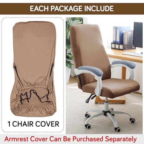 Image of HOKIPO 'SereneSolids' 140 GSM Office Chair Cover for Executive High-Back Chair - Stretchable Fabric, Washable & Anti-Slip - Fits Big & Tall Office Chairs, Dark Camel (AR-5220-DCML-L)