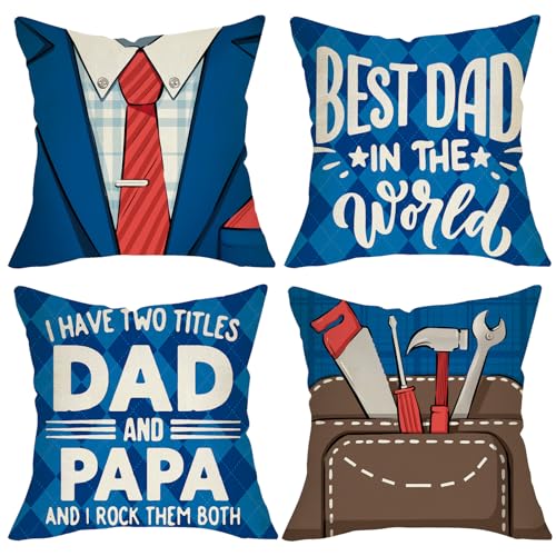 Opiniones y reviews de cojines dia del padre favoritos de las personas. 45 Fjfz - Juego de 4 fundas de almohada decorativas para el día del padre, 18 x 18 pulgadas, el mejor papá del mundo, para decoración del hogar, decoración del hogar, sofá a...