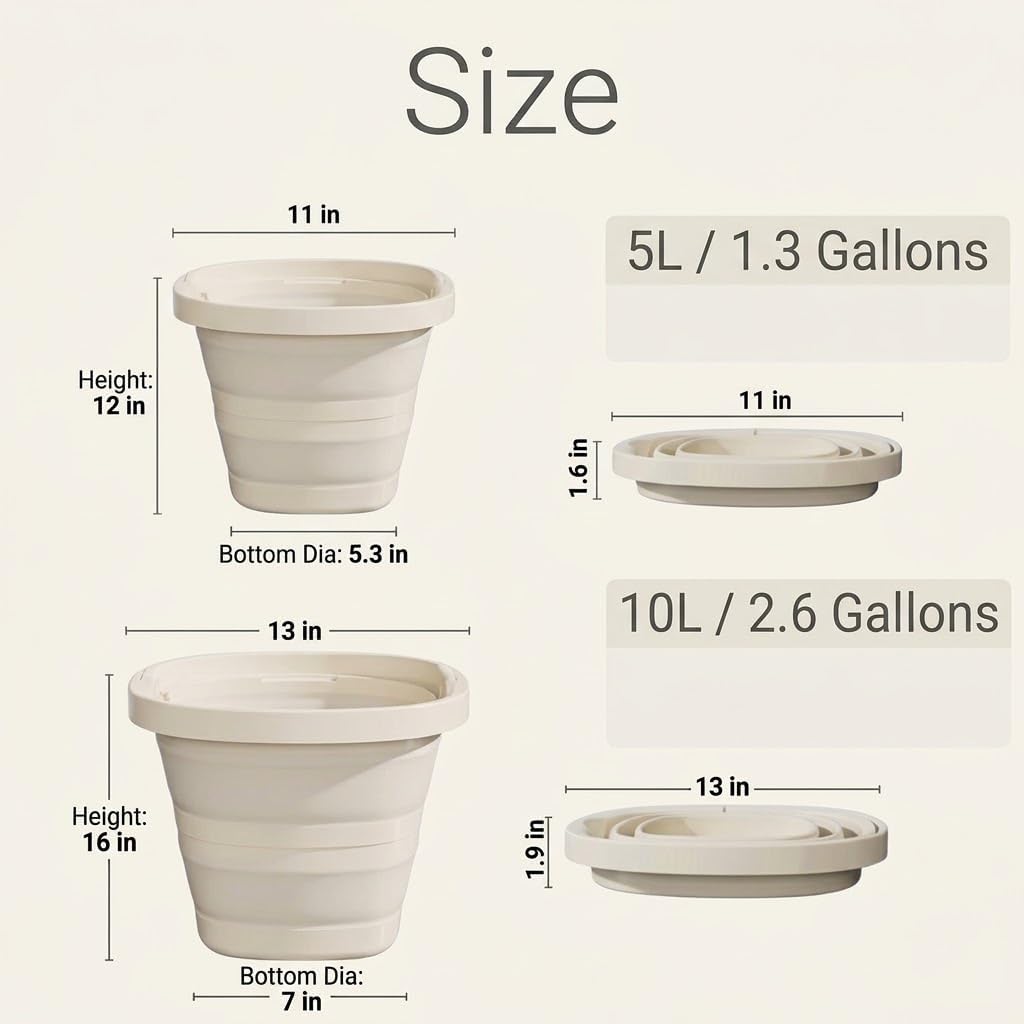 Folding Bucket, Water Bucket, 5L, 10L, Thick, Multi-Functional, Convenient, Foot Bath, Square, Stylish, Camping, Laundry, car wash, Foot Bath, Fishing (Beige-5L)