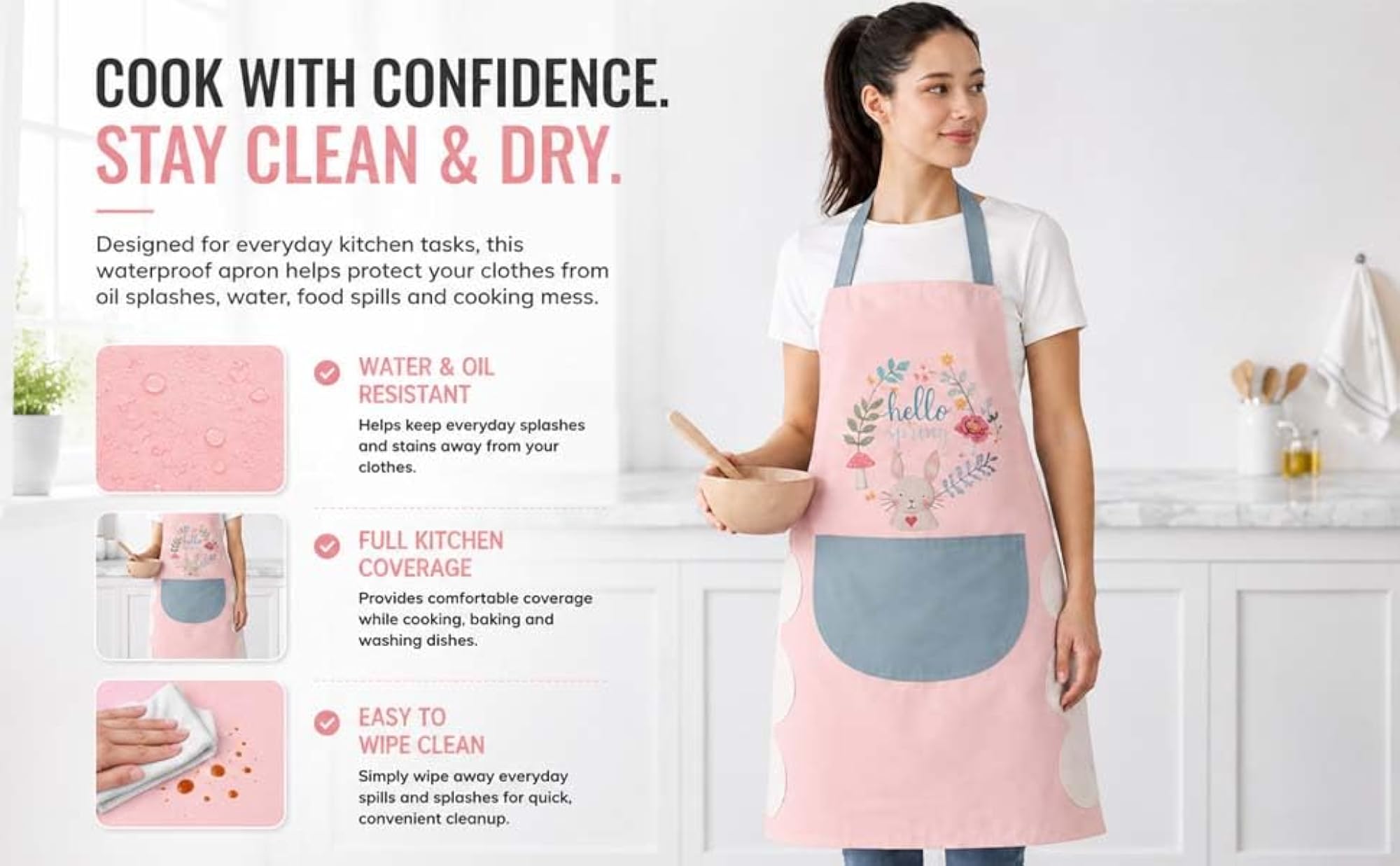 Waterproof Apron for Kitchen - 1Pc, Hand Wipe Towel Panels & Big Pocket