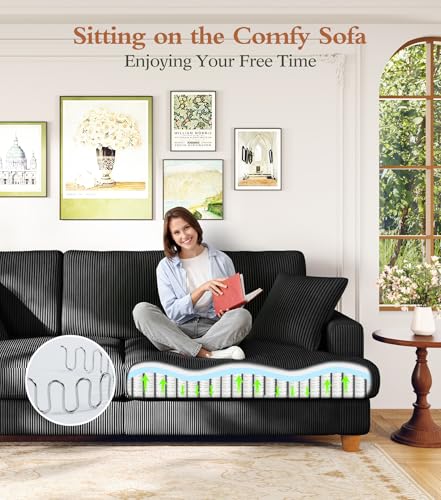 Image of 87 inch L shape Corduroy Couch, Sofa No Tool Assembly, Comfy Couches for Living Room 21in Deeper Seats, Corduroy Sofas for Living Room with 2 Pillows, Oversized Loveseat Sofa, Boho Love Seat, Black