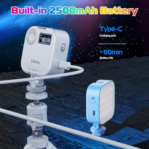 Image of ULANZI U60 RGB Video Lights White LED Camera Light 360 Full Color Portable Photography Lighting w Quick Release Cold Shoe Adapter and Clip, 2500mAh Rechargeable CRI 95+ 2500-9000K Dimmable Panel Lamp
