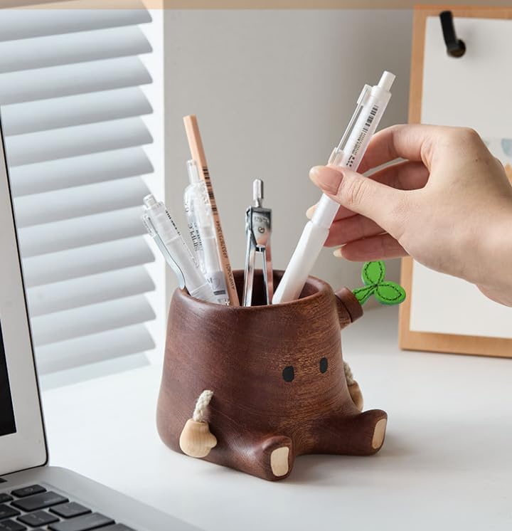 かわいい木製ペンホルダー 天然メープル材 デスク整理用 ナチュラルな雰囲気 小物収納 (9.6*11*8.6cm)