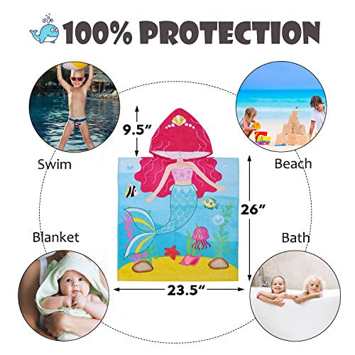 Tirrinia Mermaid Kids Poncho Towel, Surf Beach Bath Swim Hooded Towels for 2-7 Years Girls Toddler Gift, 24 by 52-inch, 100% Cotton
