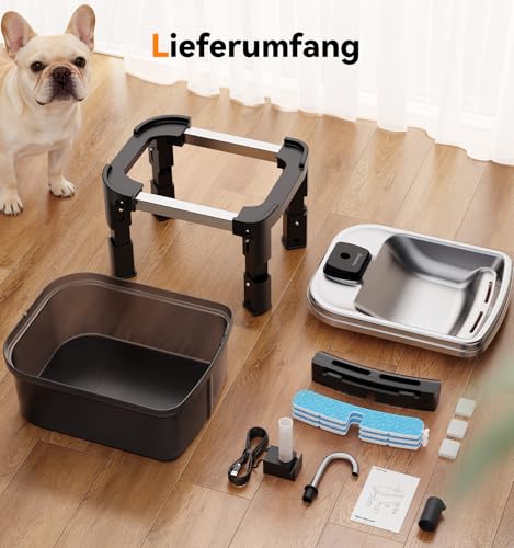 FEELNEEDY 9L Trinkbrunnen für Hunde mit 3-Stufig Verstellbarem Ständer, Hundebrunnen mit 3 Filters, Vierstufiger Filterung, Edelstahlwanne für Große Haustiere