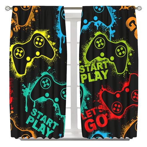 DOTOOMA 21x54Inch Neon Gamepad Modern Gaming Window Curtains Start Play and Lets Go Teen Boys Video Game Room Nursery Bedroom Living Home Decoration Polyester Fabric Supplies Drapes 2 Panel