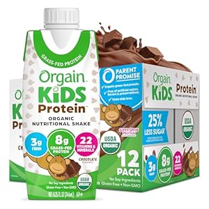 Orgain Organic Kids Nutritional Protein Shake, Chocolate, Healthy Kids Snacks, 8g Dairy Protein, 3g Fiber, 22 Vitamins & Minerals, No Soy Ingredients, Gluten Free, Non-GMO, 8.25 Fl Oz (Pack of 12)
