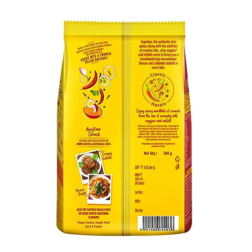 Image of Saffola Masala Oats Karara Crunch, 500g | Tasty Evening Snack, Classic Masala with crunchy bits and millets (Pack of 3)