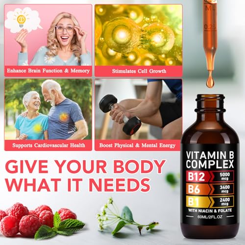 Vitamin B Komplex Tropfen Flüssig, 60ml Vitamin B Komplex Hochdosiert Tropfen mit 5 B-Vitaminen B1, B3 Niacin, B6, B9 Folsäure, B12, Vegan, Natürlichem Himbeergeschmack