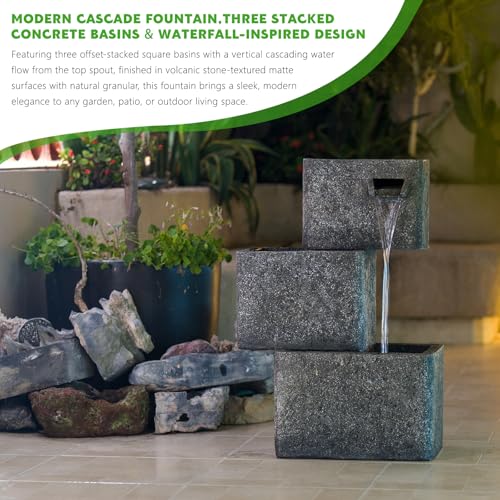 Image of 3-Tier Square Outdoor Water Fountain, Resin with LED, 27.5 in | Cascading waterfall feature, modern freestanding design, indoor & outdoor decor for patio and garden