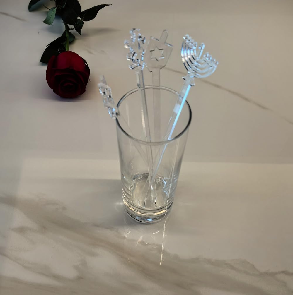 20pcs of Hanukkah Drink Stirrer,Swizzle Sticks Acrylic Star of David,Dreidel,Lion of Judah,and Menorah Jewish, Festival of Lights(Clear)