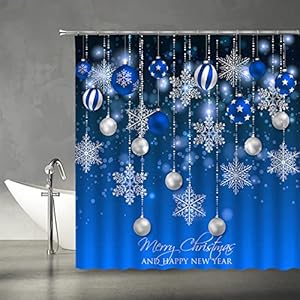 ASVEAS Merry Christmas Shower Curtain Blue Christmas Balls Winter Snowflake Silver Happy New Year Xmas Holiday Fabric…