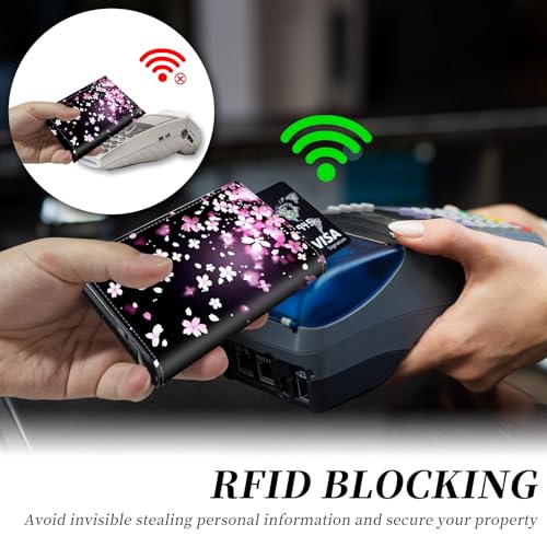 Credit Card Holder Aluminum Auto Pop Up Wallet, Slim Minimalist Credit Card Holder For Men and Women, Leather Card Case Front Pocket Trifold Wallet RFID Blocking Wallets,Pink and Purple Blossoms3