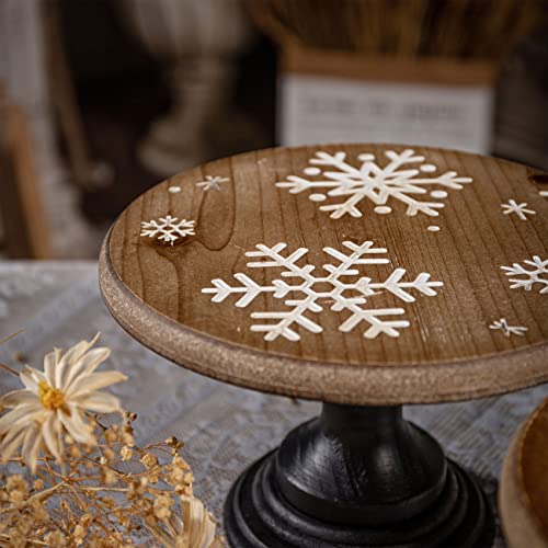 Wood Pedestal Cake Stand, Rustic Cake Stands 12 Inch Round, Dessert Cupcake Holder With Snowflake Carved For Christmas Party Dessert Table Centerpiece Decor, Display Wood Riser #TOP1