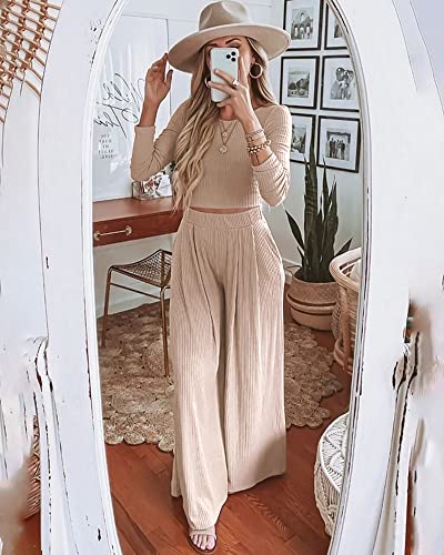 Image of BTFBM Women's Two Piece Lounge Set Long Sleeve Bodycon Ribbed Knit Crop Top Loose Wide Leg Pant Casual Outfits Sweatsuit