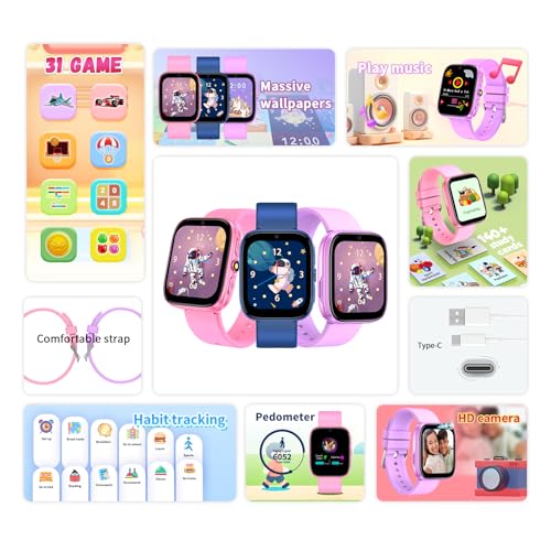 Smart Watch for Kids Girls Boys - 1.54" Touch Screen Watch with Camera, 31 Games, Music, Pedometer, Flashlight, Alarm Clock,Learning Cards, Storybook, Metal Case Gift for Children Age 4-10 (Purple)2