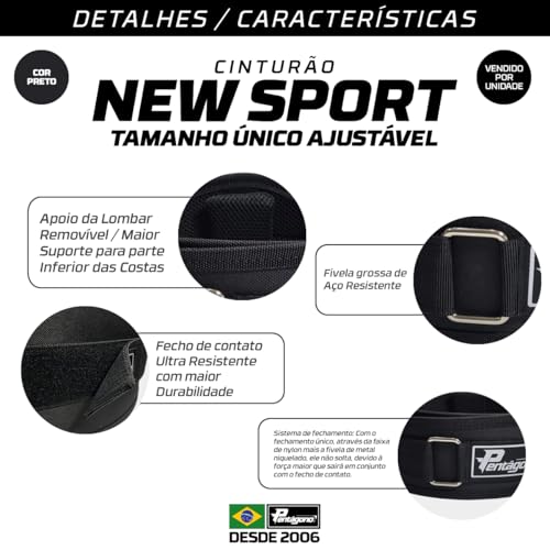 Cinturão Academia Ajustável Pentágono New Sport, Serve do PP ao GG, com Proteção Lombar e Fecho, Apo