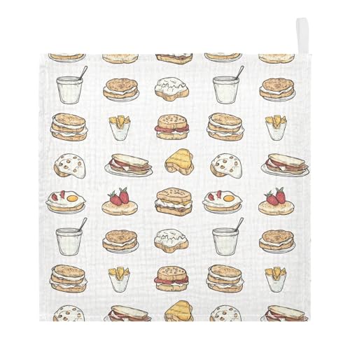 vvfelixl Baby Muslin Washcloths Sketchy Breakfast Baby Burp Cloths Cotton Babys Face Towel for Newborn Infants Boys Girls Soft and Absorbent 11.8 X 11.8 in, 3 Pack
