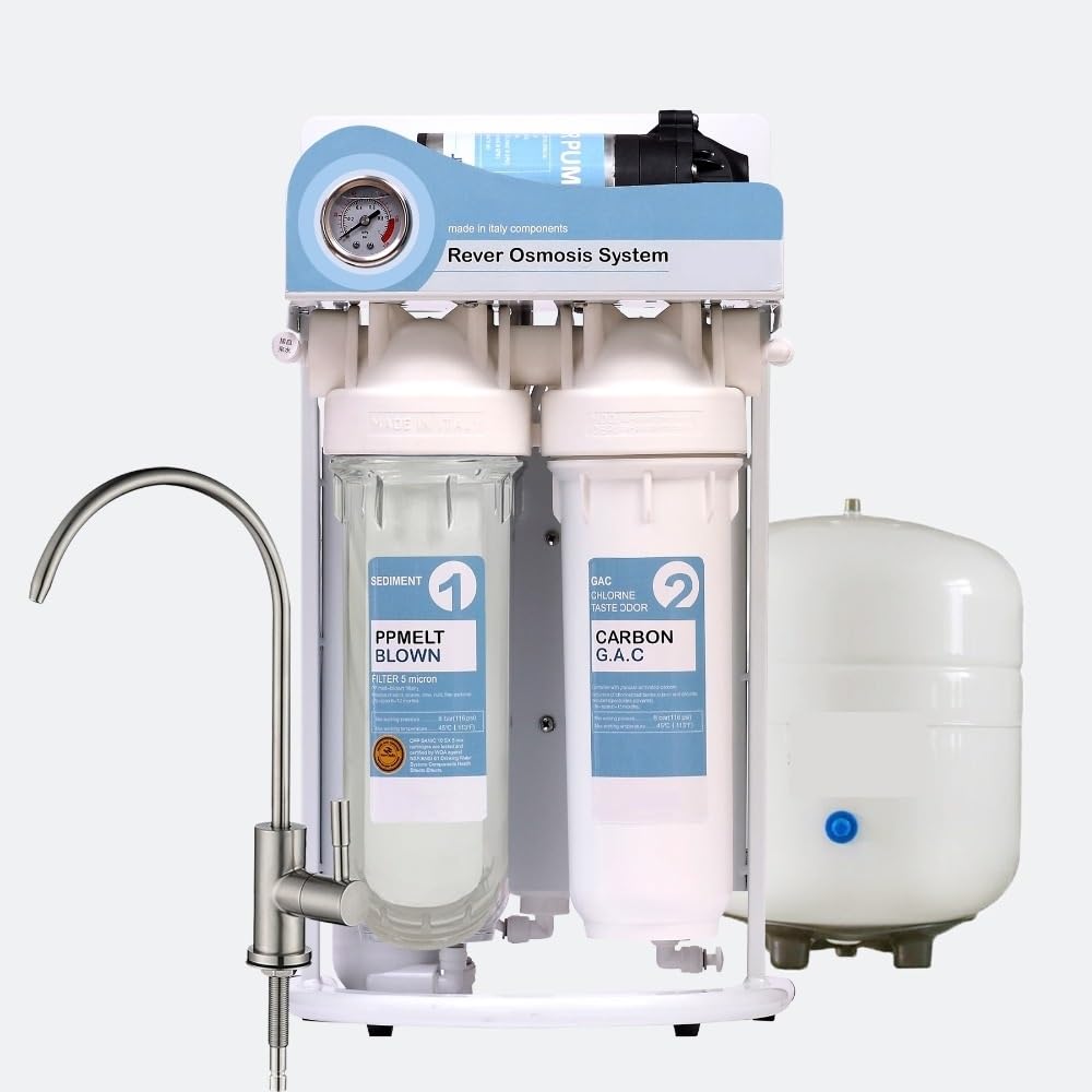 Filtro de agua de ósmosis inversa multietapa, Sistema de ósmosis inversa PREMIUM de 5 etapas con grifo y tanque de metal 3.2G-50GPD, potencia: 220-240 Fácil de instalar, con diseño a prueba de fugas