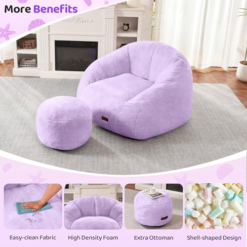 Image of HABUTWAY Bean Bag Chair, Giant Bean Bag Chairs for Adults with Ottoman, Comfy Faux Fur Shell-Shaped Bean Bag Couch, Sofa Chair for Living Room, Bedroom, Purple