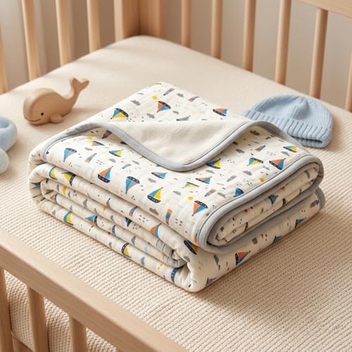 Image of Tinylane 100% Cotton Baby Blanket Cum Comforter, All Season Baby Blankets Newborn, Baby Blanket for 0-2 Years, Blanket for Newborn Baby, New Born Baby Essentials, Pack of 2 | (Boat & Star Print)