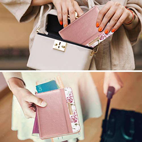 Passport Holder Cover Travel RFID Blocking Passport Cover Rose Gold Cute Flowers Passport Wallet with Elastic Band for Women