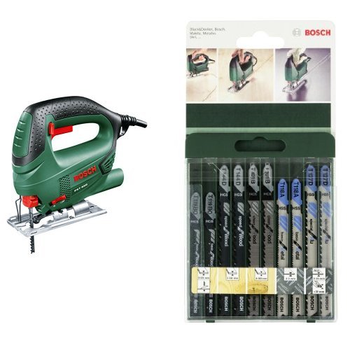 Bosch 0.603.3A0.700 Sierra de calar con maletn 240 V, Negro/Verde 500 W & 2 609 256 746 - Juego de hojas de sierra de calar de 10 piezas vstago en T