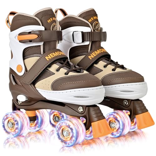 NEMONE Roller Skates for Boys Kids Ages 4-6 5-8 6-12 8-12 with 4 Sizes Adjustable Light up Wheels, Todder Beginner Rollerskates Indoor Outdoor Sports Brown S