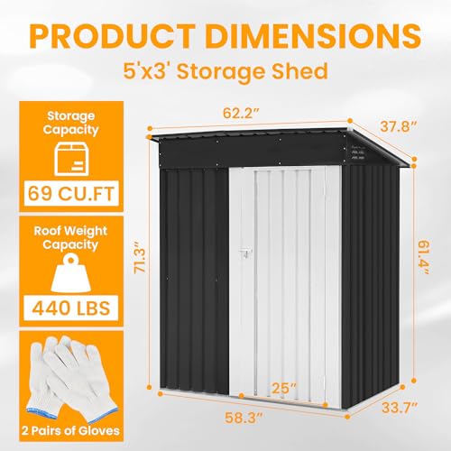 Zynfylus 5x3 FT Outdoor Storage Shed Garden Shed Tool Shed with Lockable Door and Sloping Roof, Durable Metal Storage Shed for Backyard, Outside, Patio, Dark Gray