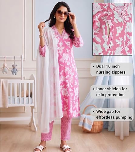 Image of DUMMY SHAPE Feeding Kurtis for Women Cotton Blend | Floral Kurta Pant Dupatta Set with Nursing Zippers to Pre & Post Partum | Maternity Dresses | Mom to Be Gifts for Pregnant Woman