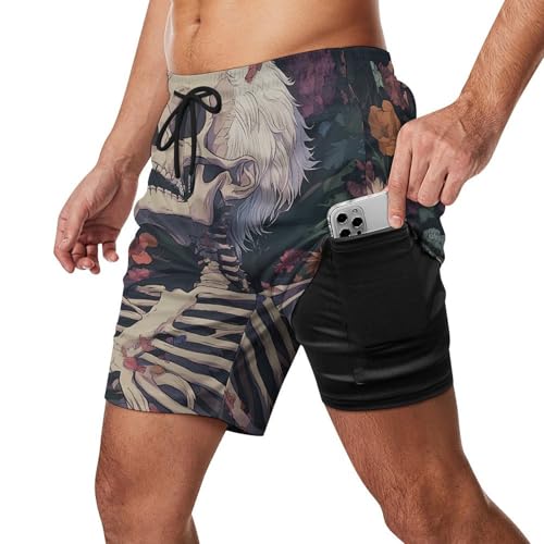Skeleton Skull in Flowers Beach Shorts for Men Swim Trunks Quick Dry Swim Shorts with Compression Liner Pocket2