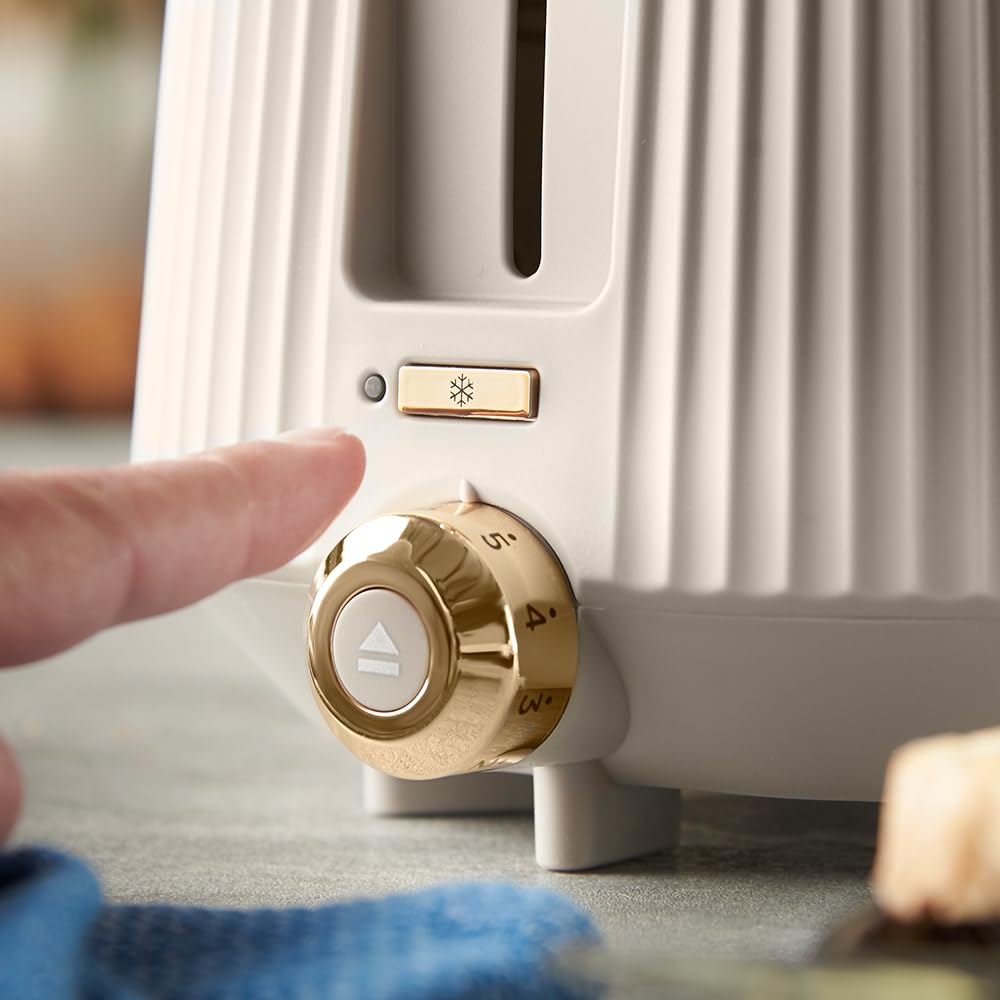 Russell Hobbs Grille pain [pour 2 tranches] Brontë Stone (6 réglages, finition beige mate, accents dorés, décongélation, réchauffage, surélévation, Lift et Look, support pour petits pains) 26761-56