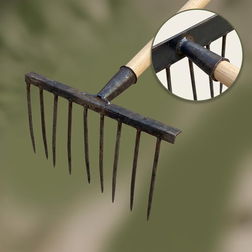 Rastrello da Giardino per Terreno, Testa a denti piatti, Rastrello da giardino, Preparazione aiuole, Per appassionati , Manico in legno da 1,2 metri