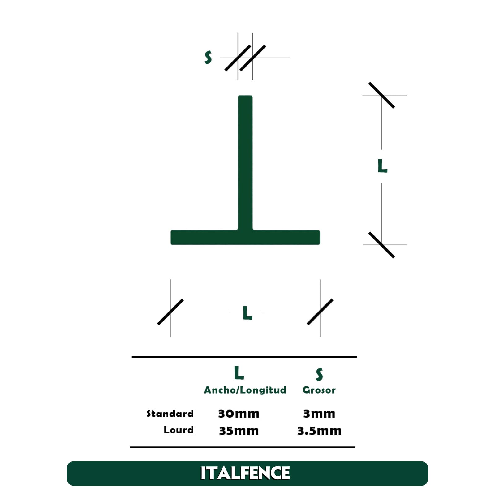 Poste T para cercado, plastificado verde (Todas las alturas) [H 100cm, 30x30x3mm, 10 piezas]