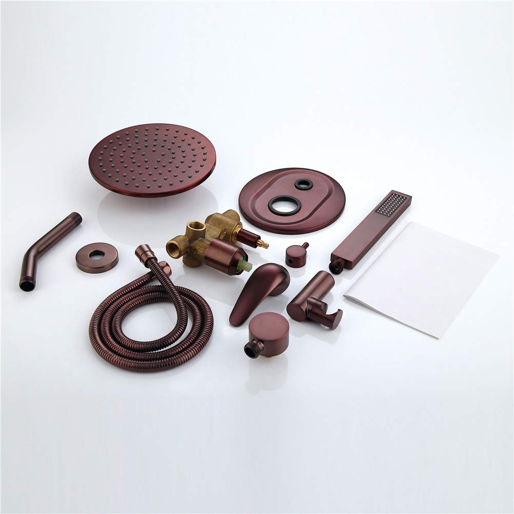 Set Doccia, Miscelatore Doccia in Ottone Massiccio con valvola in Ceramica a Parete e Finitura Bronzo Anticato, Rubinetto Doccia a Pioggia in Ottone da 8", A