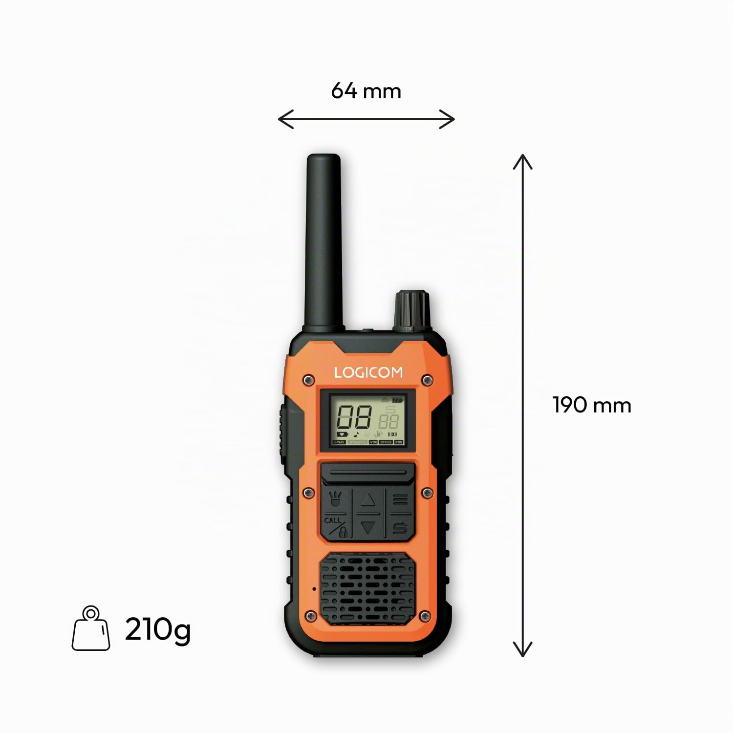 Logicom Extreme - Walkie-Talkie - PMR446 - Reichweite 10 km - Akkulaufzeit 36h - IP67-16 Kanäle - LCD-Display - USB-C Taschenlampe - VOX Freisprechfunktion - Audio-Klinke - Akku 2000 mAh - 2er-Set