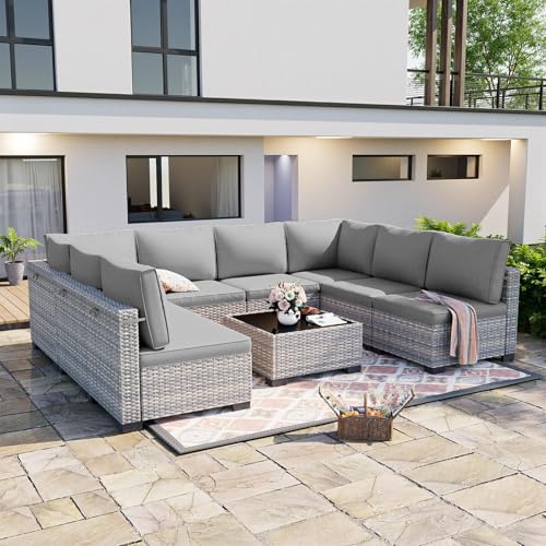 Image of Outdoor PE Wicker Rattan Modular Patio Sectional Sofa Set | 9-Piece: 6 Modular Seats, Coffee Table & 2 Ottomans, Grey