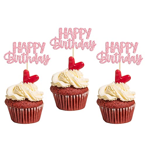 Gyufise 24pcs Happy Birthday Cupcake Toppers - Pink Glitter Cake Picks for Celebrating Parties & Showers