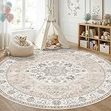 7x7 Living Room Area Rug: Washable Oriental Printed Soft Round Rug for Bedroom Besides Non-Slip Low-Pile Carpet for High-Traffic Area Indoor Stain Resistant Distressed Home Decor Mat(7Round,Beige)