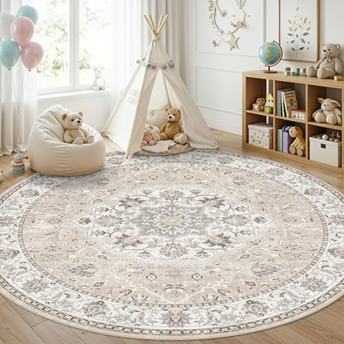 Washable 8ft Round Area Rug - Living Room Oriental Non