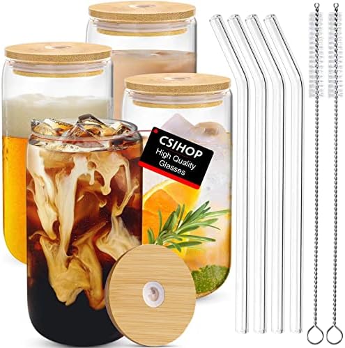 4pcs Set Drinking Glasses With Bamboo Lid And Glass Straw - 16oz Can Shaped Drinking Glass Set, Iced Coffee Mug, Cute Tumbler Cup, Whiskey, Cocktail, Water- Gift Best Choice - 2 Cleaning Brushes (1)